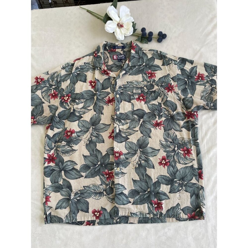 Chaps Ralph Lauren XL Hawaiian Shirt Tropical Floral Print Cotton Short sleeve